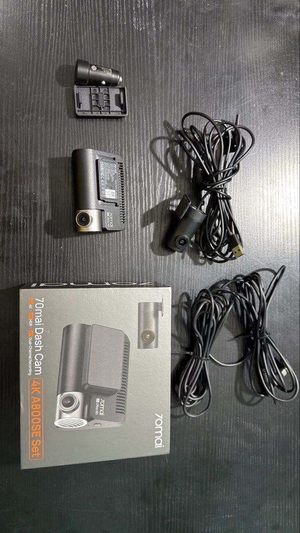 70mai Dash Cam 4K A800SE (Category: Audio, Video, Alarm and other Electronic Accessories) located in Manila. Submitted by andrlauren60468 (Listing ID 1469332481, Image 3). Description: - Model: 70mai Dash Cam 4K A800SE dual-channel recording set - Includes: Main camera with screen, rear camera, car charger adapter, mounting bracket, and power cables - Condition: Original box included, neatly packed - Features: Crystal clear 4K resolution and reli