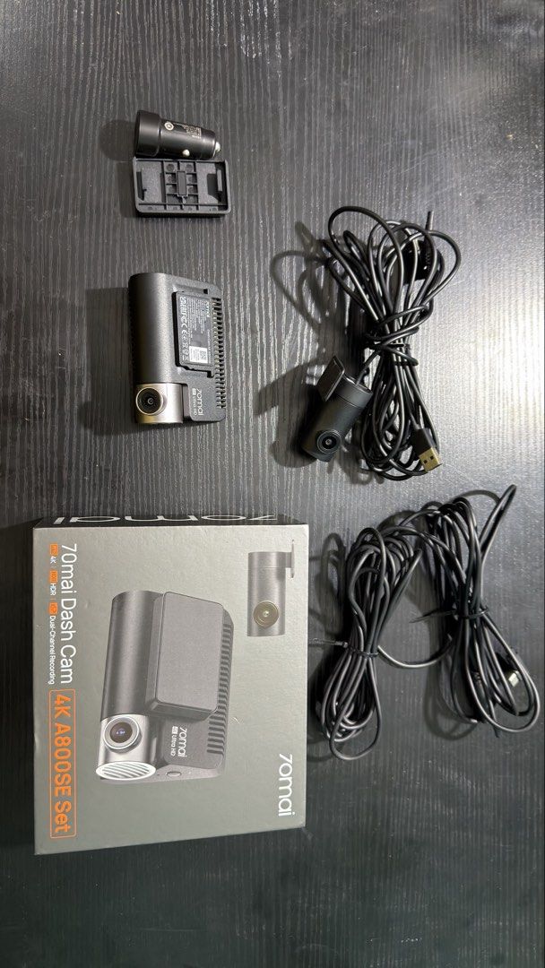 70mai Dash Cam 4K A800SE (Category: Audio, Video, Alarm and other Electronic Accessories) located in Manila. Submitted by andrlauren60468 (Listing ID 1469332481, Image 2). Description: - Model: 70mai Dash Cam 4K A800SE dual-channel recording set - Includes: Main camera with screen, rear camera, car charger adapter, mounting bracket, and power cables - Condition: Original box included, neatly packed - Features: Crystal clear 4K resolution and reli