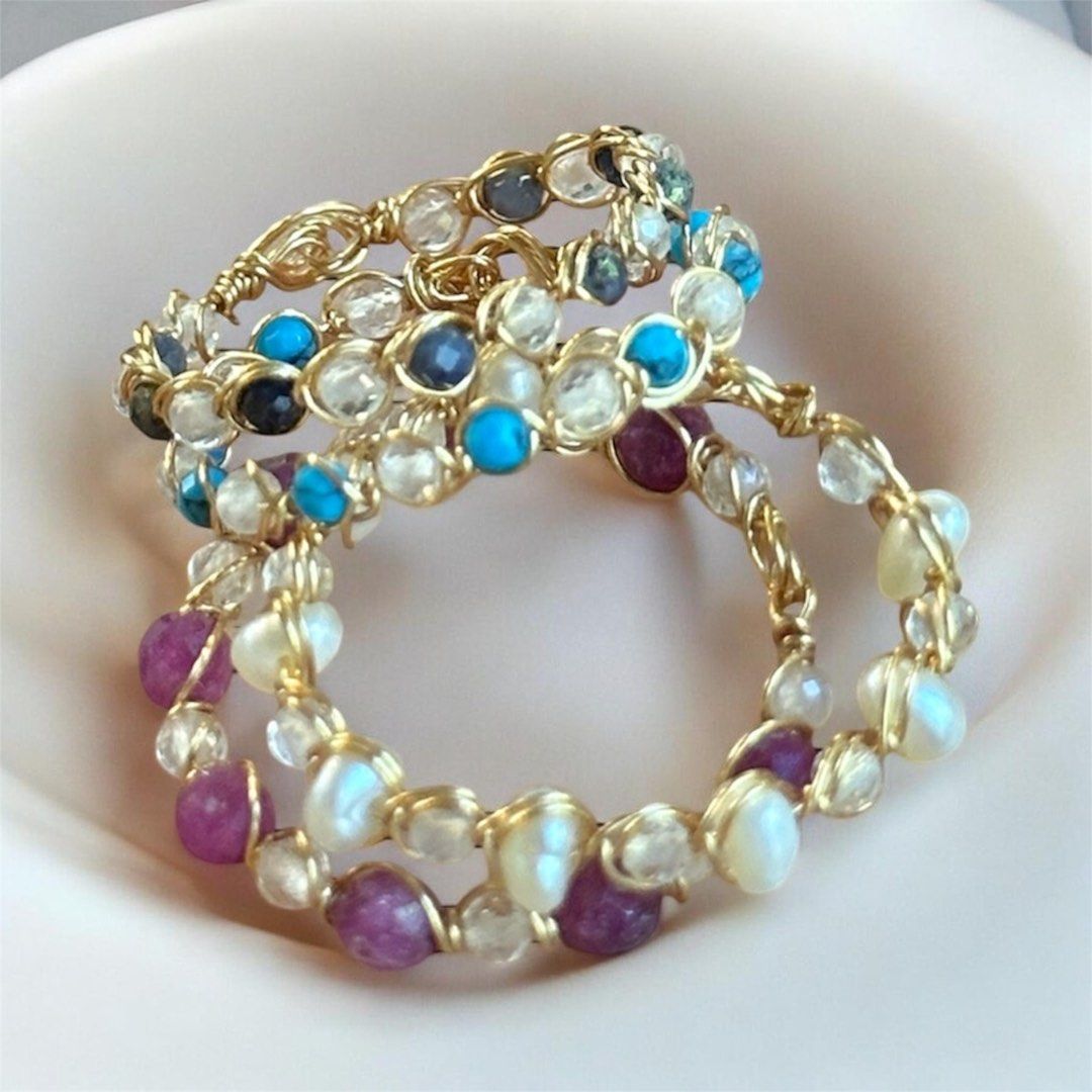 ✨ Handcrafted Gemstone Eternity Rings (Category: Rings) located in Muntinlupa City. Submitted by alabangbargains (Listing ID 1469257624, Image 1). Description: watch item video: 💎 Genuine Natural Stones: Authentic faceted gemstone beads paired with high-clarity quartz & natural pearls. ✨ Fadeless Copper Wire: Wrapped in high-quality, non-tarnish KC Gold color copper wire that retains its warm luster. 🌿 Comfortable Eternity Design: Lightweight, 