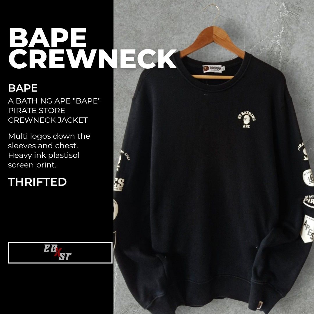 A BATHING APE PIRATE "BAPE" CREWNECK JACKET (Category: Coats, Jackets and Outerwear) located in Baguio. Submitted by ebxst.thrift (Listing ID 1469309643, Image 1). Description: A BATHING APE PIRATE "BAPE" CREWNECK JACKET •Authentic •Size: M-SEMI XL •Brand: BAPE •Color: Black •UNISEX •Excellent Condition Please manage your expectations: All items are thrifted/preloved. Minor signs of previous use may be present, however these do not affect wearabi