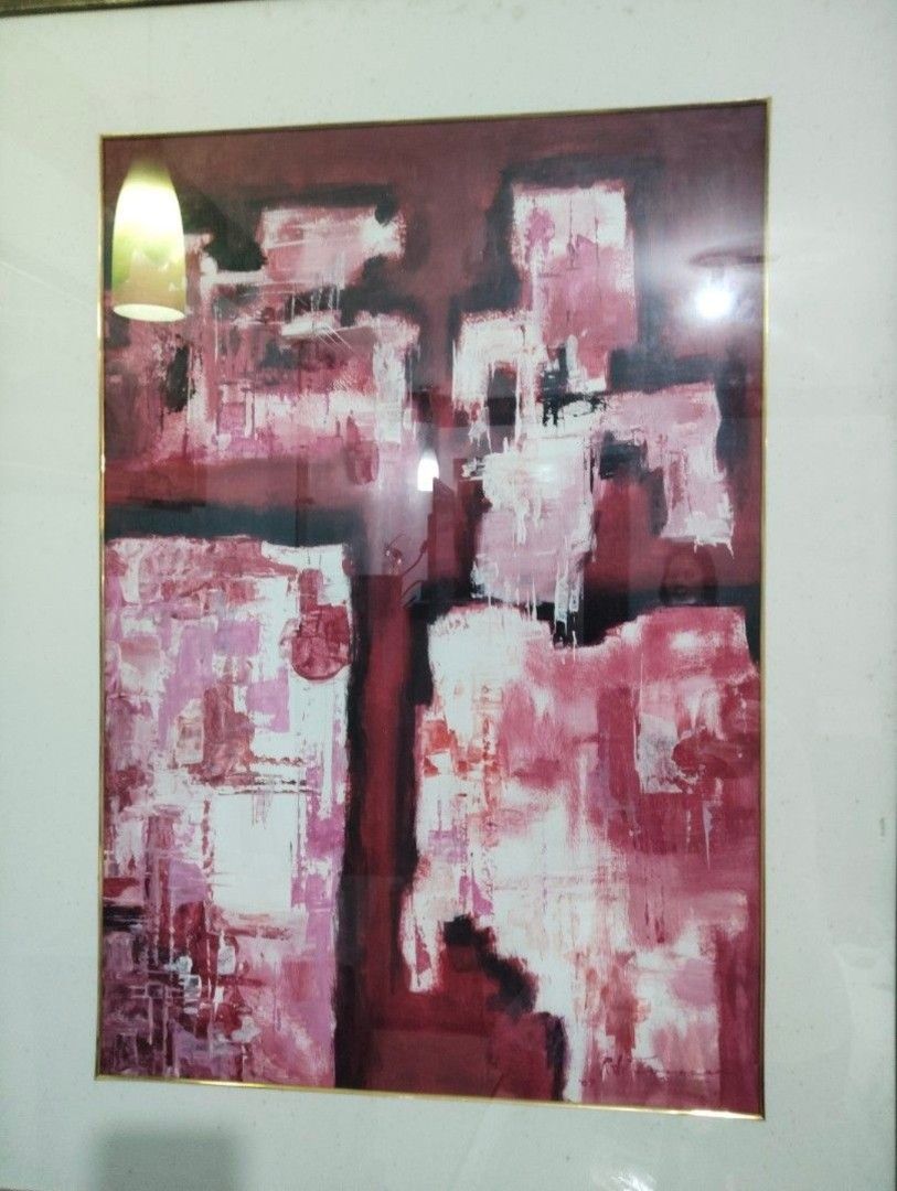 Abstract Painting-Scriptures by Renato S. Tomas (Category: Wall Decor) located in Quezon City. Submitted by joemag_corp_owl (Listing ID 1469202217, Image 2). Description: - Original artwork: "Scriptures" by Renato S. Tomas - Medium: Acrylic painting - Year: 2009 - Design: Abstract, featuring red and white colors - Framing: Black frame with gold inner border - Includes: Certificate of Authenticity from Ellene Art Gallery Dimensions: L-87cm W-2cm H