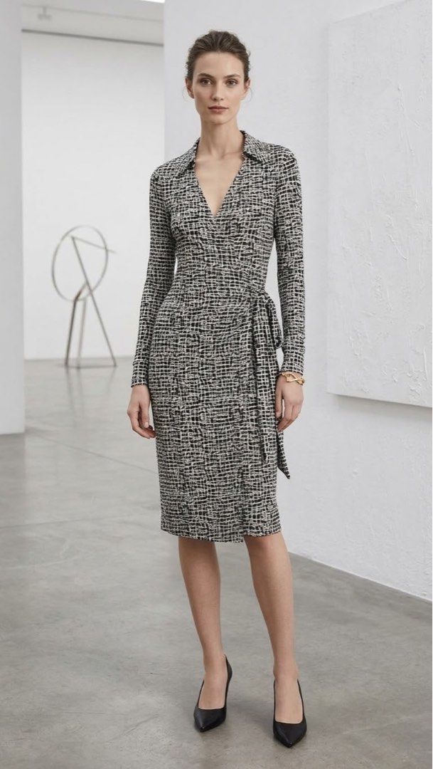 Abstract print wrap dress long sleeve (Category: Dresses) located in Makati City. Submitted by esila.essentials (Listing ID 1469167719, Image 1). Description: FOR RENT - Style: patterned wrap dress - Fit: Knee-length with side self-belt tie - Details: Long sleeves, pointed collar, V-neck crossover front - Material: Smooth, comfortable fabric - Occasion: Ideal for office wear or dinner dates.