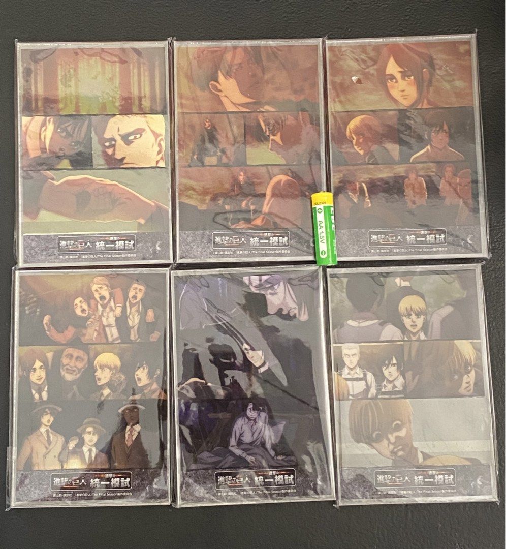Acrylic Attack on Titan (Category: Vintage Collectibles) located in Davao. Submitted by hoowans_surplus (Listing ID 1469279549, Image 1). Description: - Set of 6 Attack on Titan postcard packs from the unified mock exam event - Features exclusive manga panels and character illustrations from The Final Season - Every single postcard is individually protected with a clear plastic sleeve - Brand new, unopened, and still in original plastic-sealed pa