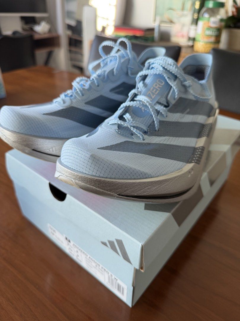 Adidas Adios Pro 5 US 8.5M / 9.5W (Category: Sneakers) located in Makati City. Submitted by fmartinz (Listing ID 1469176894, Image 1). Description: - Model: Adidas Adizero Adios Pro 5 - Color: Light Blue / Silver - Size: Men’s US 8.5 / Women's US 9.5 / UK 8 / JP 26.5 - Condition: Brand new, never used, original box and price tag included - RfS: was gonna use for race, went with Puma DNE4 instead.