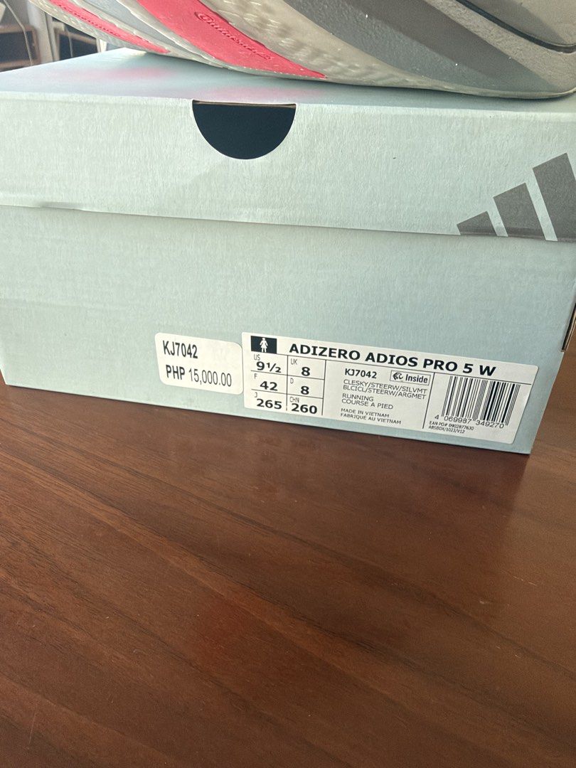 Adidas Adios Pro 5 US 8.5M / 9.5W (Category: Sneakers) located in Makati City. Submitted by fmartinz (Listing ID 1469176894, Image 3). Description: - Model: Adidas Adizero Adios Pro 5 - Color: Light Blue / Silver - Size: Men’s US 8.5 / Women's US 9.5 / UK 8 / JP 26.5 - Condition: Brand new, never used, original box and price tag included - RfS: was gonna use for race, went with Puma DNE4 instead.