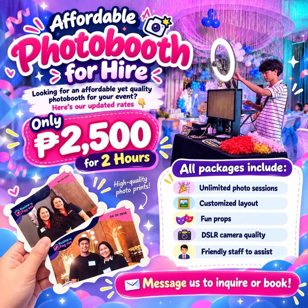 Affordable Photobooth for Hire - 2500 PHP for 2 Hours (Category: Cameras) located in Caloocan City. Submitted by prettylittleboo (Listing ID 1469176941, Image 1). Description: - Affordable rates: Starts at 2,500 PHP for 2 hours - Unlimited photo sessions for all guests - Customized photo layout to match your event - Fun and trendy props included - High-resolution DSLR camera quality - Friendly and accommodating staff on-site - Message us now to i
