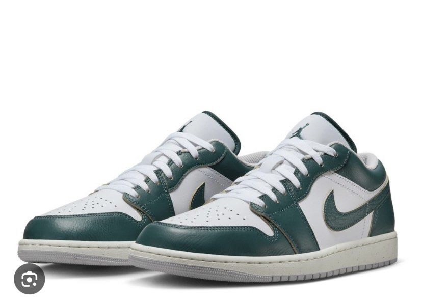 Air Jordan 1 Low oxidized green (Category: Sneakers) located in Manila. Submitted by velasqueza99912 (Listing ID 1469307063, Image 1). Description: - Model: Air Jordan 1 Low - Colorway: Vintage Green and White - Style: Classic low-top lifestyle shoe, highly versatile for everyday wear - Design: Textured leather overlays, perforated toe box, signature swoosh branding - Details: White laces, speckled midsole, durable grey rubber outsole - Condition