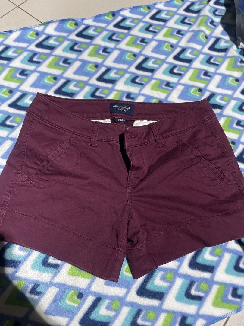 American Eagle Shorts (Category: Shorts) located in Manila. Submitted by sapsari (Listing ID 1469324856, Image 1). Description: - Brand: American Eagle Outfitters - Size: 4 (Regular Fit) low waist - Color: Rich Burgundy - Material: Cotton, Rayon, and Spandex.