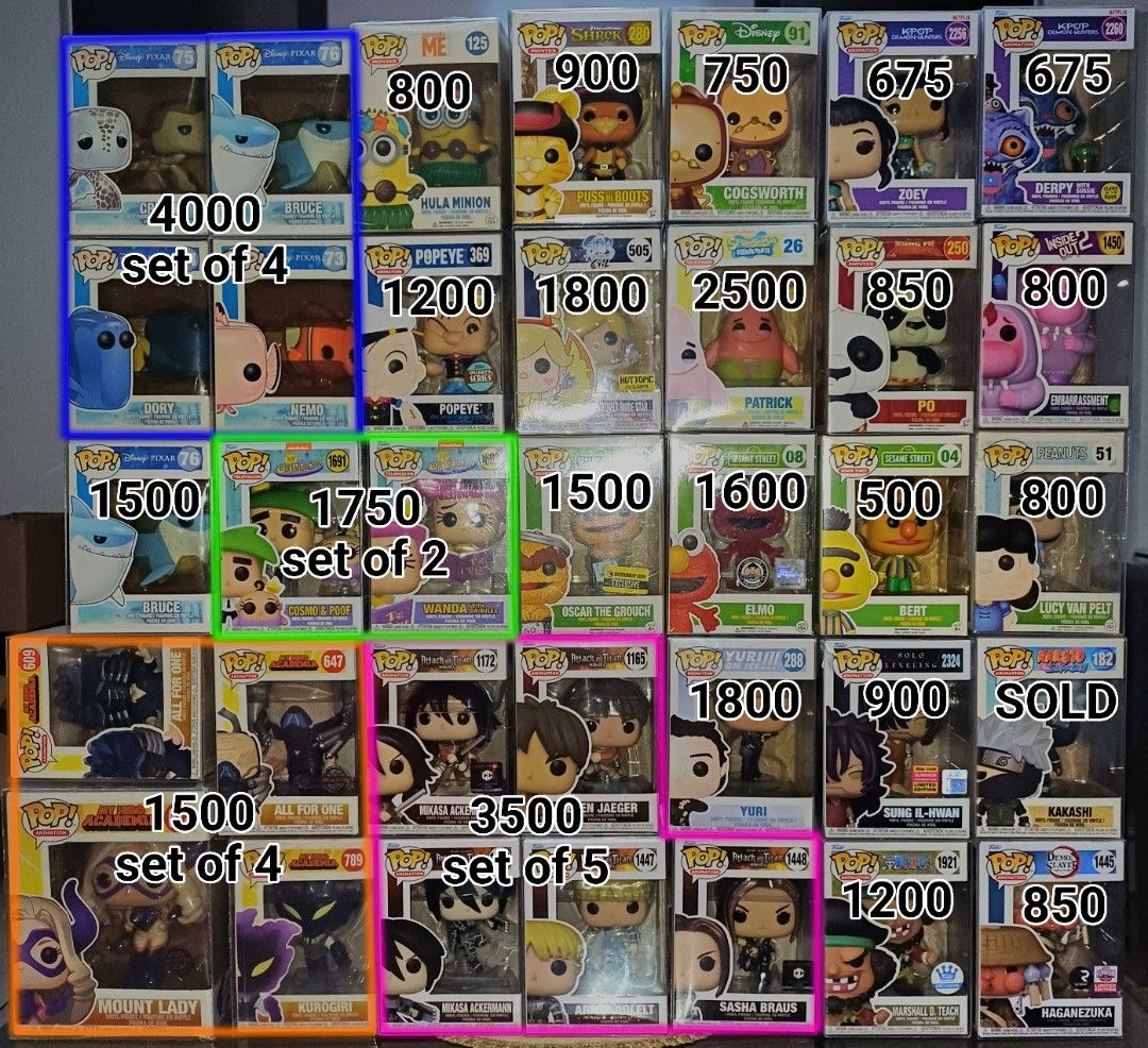 Animation Funko Pop Assorted (Category: Figurines & Statues) located in Taguig. Submitted by naxinator (Listing ID 1469199299, Image 1). Description: - Brand: Funko Pop - Variety: Assorted characters from popular anime, Disney, and cartoons (Attack on Titan, My Hero Academia, Spongebob, etc.) - Availability: Sold individually or in selected sets depending on the character - Perfect gift for pop culture and toy collectors.