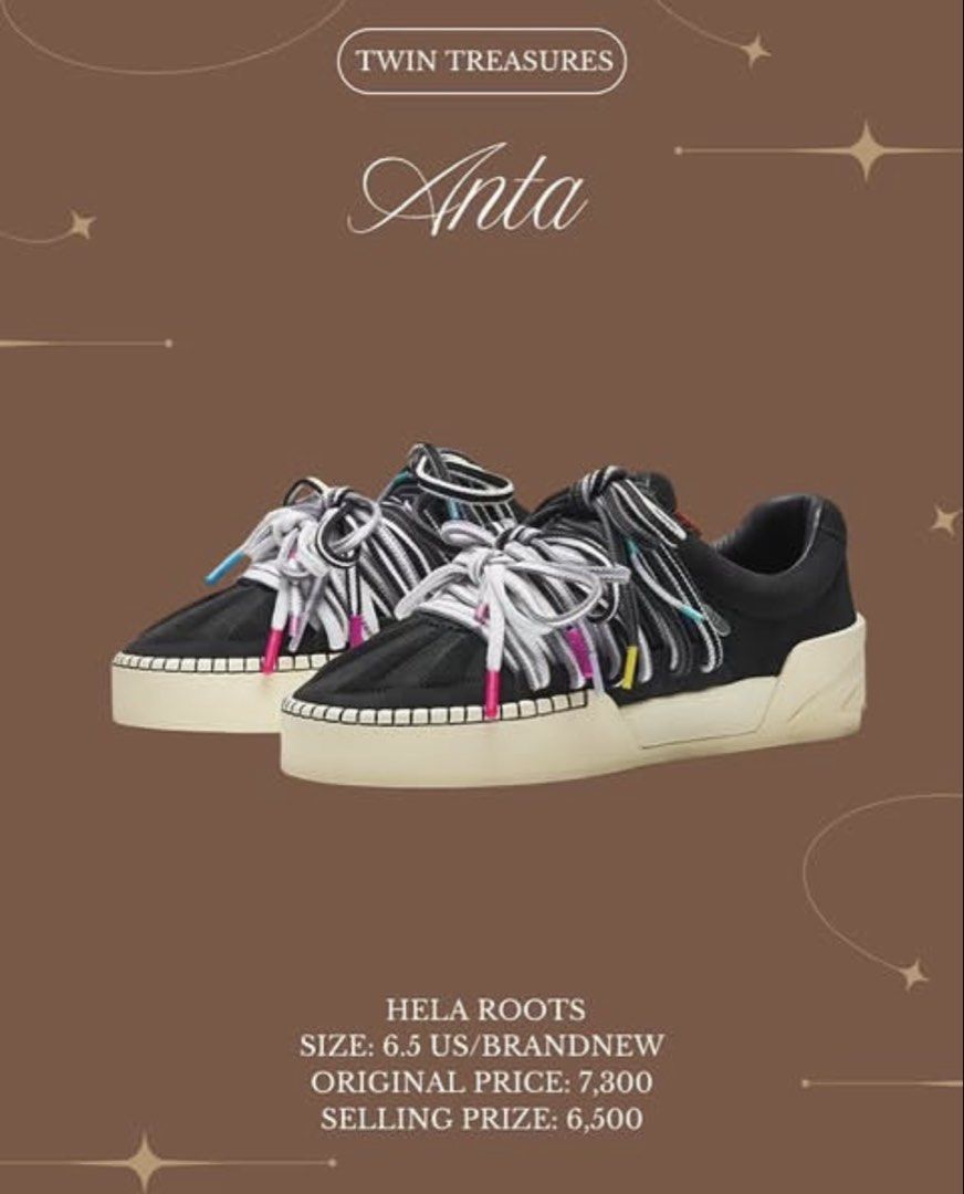 Anta Sneakers (Category: Sneakers) located in Pasig City. Submitted by nadineelja10271 (Listing ID 1469356726, Image 1). Description: - Brand: Anta Hela Roots - Color: Black with cream chunky soles - Size: 6.5 US - Condition: Unused and properly stored - Details: Thick layered laces with colorful tips - Shipping: Ships fast from the Philippines.