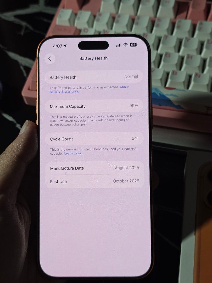 Apple iPhone 17 Pro Max 256GB Orange (Category: iPhone 17 Series) located in Pasay City. Submitted by shairamae08 (Listing ID 1469255882, Image 2). Description: For sale 60k negotiable iPhone 17 Pro Max 256gb Smartlock Box same imei,original cord and case 99 battery health All working Makinis pa Reset and check Pm.