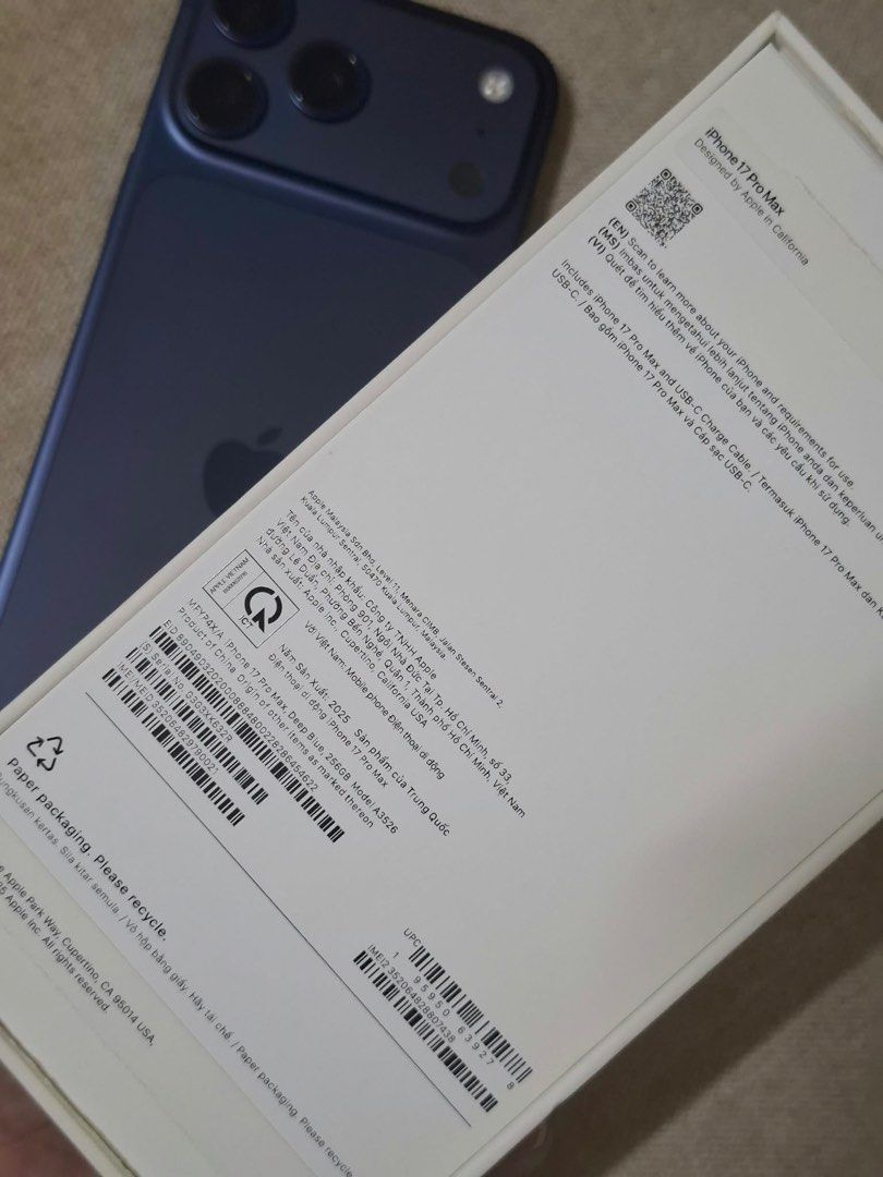 Apple iPhone 17 Pro Max Deep Blue 256GB (Category: iPhone 17 Series) located in Makati City. Submitted by stilldeclutteringthis2026 (Listing ID 1469291010, Image 2). Description: NO ISSUES With screen protector since Day 1 Back plateau has sticker protection since Day 1 check photos, pristine condition Complete with box, Unused Cord (original from the unit when purchased) HK variant, with 1 physical sim (any sim will work) and esim Battery Health