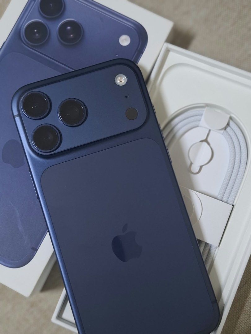 Apple iPhone 17 Pro Max Deep Blue 256GB (Category: iPhone 17 Series) located in Makati City. Submitted by stilldeclutteringthis2026 (Listing ID 1469291010, Image 1). Description: NO ISSUES With screen protector since Day 1 Back plateau has sticker protection since Day 1 check photos, pristine condition Complete with box, Unused Cord (original from the unit when purchased) HK variant, with 1 physical sim (any sim will work) and esim Battery Health
