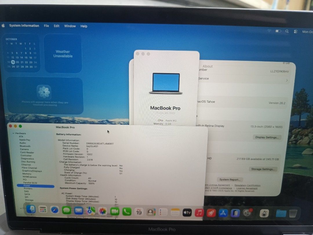 Apple MacBook Pro Space Grey (Category: Laptops & Notebooks) located in Manila. Submitted by norodinamr15076 (Listing ID 1469182242, Image 3). Description: - Model: MacBook Pro M2 2022 13-inch (Space Grey) - Processor: Apple M2 chip - Memory: 8GB RAM -Storage:256 - Display: 13-inch Retina Display - Battery: 43 cycle count (great health) -Battery health: 100 percent - OS: macOS installed - Keyboard: Standard English layout - Condition: Minor wear 