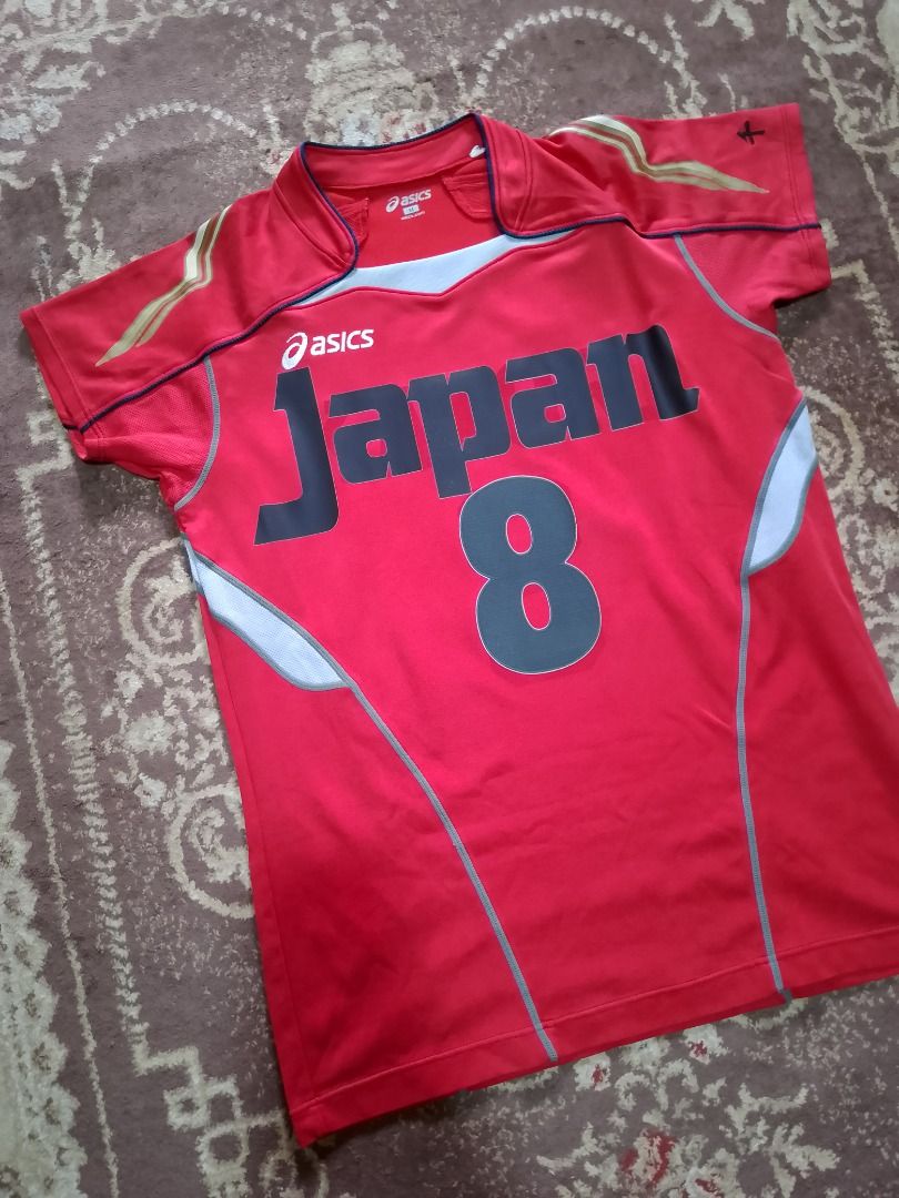 Asics Japan Red Volleyball Jersey (Category: Activewear) located in Bayombong. Submitted by daily10 (Listing ID 1469169645, Image 3). Description: - Brand: Asics - Est Size: M - Dimensions: 18" x 25.5" - Team: Japan Volleyball - Color: Red with navy blue and white accents - Number: 8 on the front - Check prints - Material: Lightweight athletic fabric -All Items are thrifted/preloved. Please manage your expectation -Payment First -No Return/No Exc