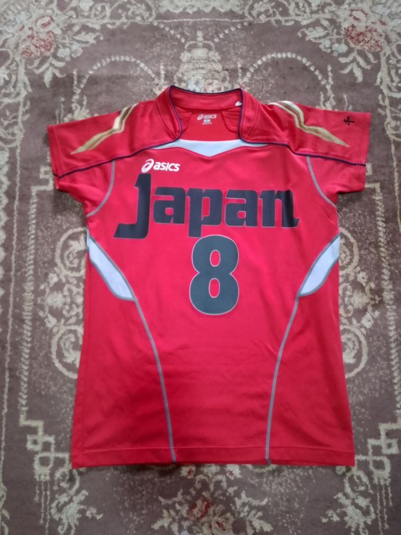 Asics Japan Red Volleyball Jersey (Category: Activewear) located in Bayombong. Submitted by daily10 (Listing ID 1469169645, Image 2). Description: - Brand: Asics - Est Size: M - Dimensions: 18" x 25.5" - Team: Japan Volleyball - Color: Red with navy blue and white accents - Number: 8 on the front - Check prints - Material: Lightweight athletic fabric -All Items are thrifted/preloved. Please manage your expectation -Payment First -No Return/No Exc