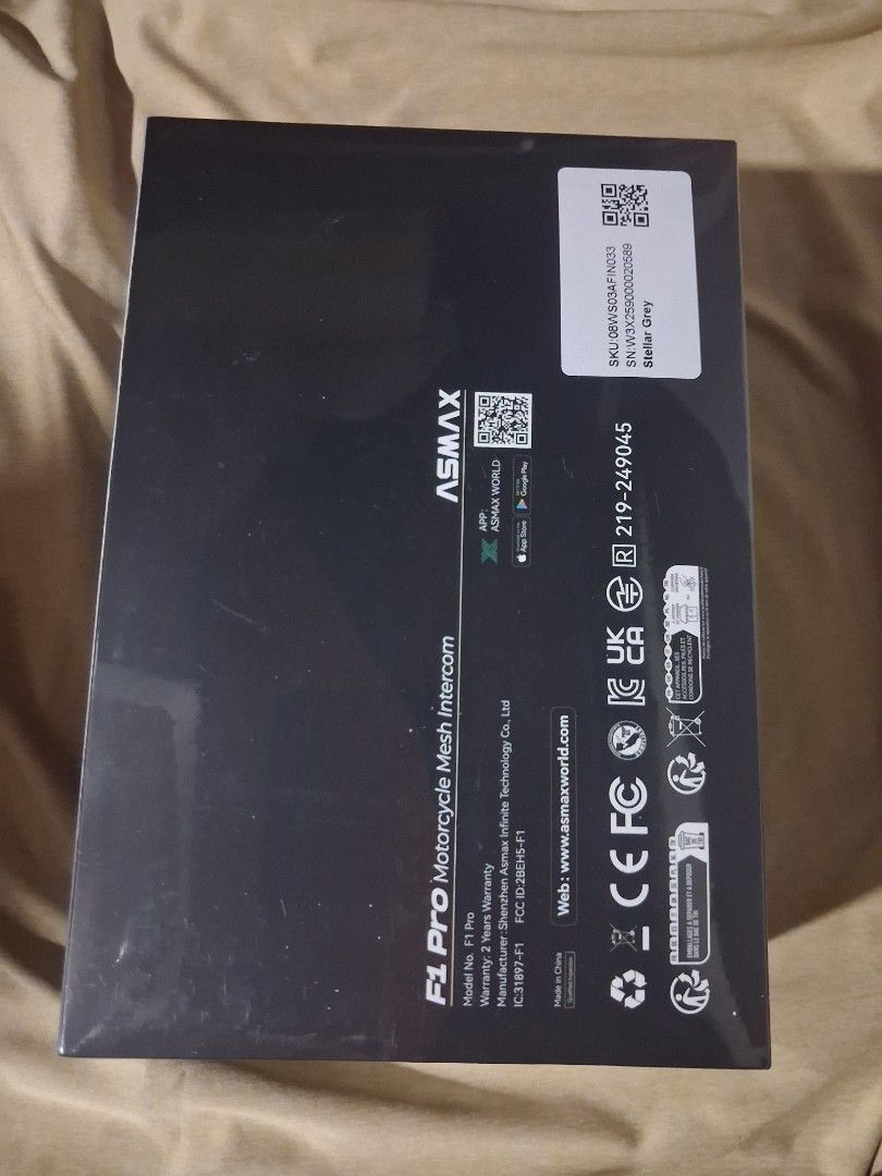 Asmax f1 PRO (Category: Other Motorcycles Parts and Accessories) located in Makati City. Submitted by jeff2124 (Listing ID 1469323252, Image 3). Description: - Brand: ASMAX - Model: F1 Pro (Future 1) Motorcycle Mesh Intercom - Color: Stellar Grey - Condition: Brand new, seal, - Key Features: - Supports up to 10 Riders Mesh communication - Bluetooth Dual-Chip 5.3 - ENC Noise Reduction for clear comms - Premium Sound quality - Hands-free Voice Comm