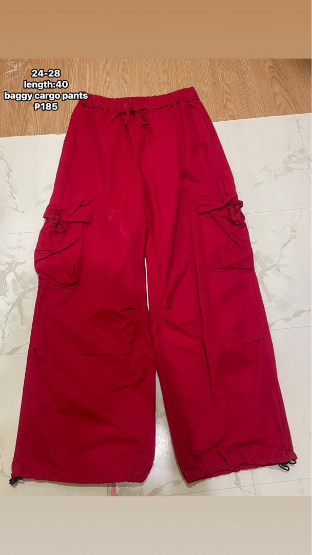 Assorted Cargo and Wide-Leg Denim Pants (Category: Jeans) located in Manila. Submitted by yuwiiix (Listing ID 1469295970, Image 2). Description: - Trendy streetwear bottoms bundle for everyday casual looks - Items included: black cargo pants, red baggy cargos, light wash denim, medium wash wide-leg jeans, and seam-paneled jeans - Waist sizes: 24 to 28 - Lengths: Mostly 40 inches - Available for individual purchase or as a complete bundle - DM for