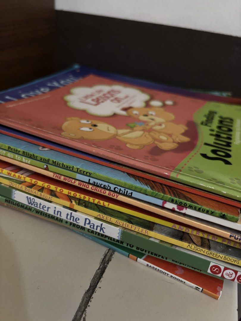 Assorted Children Story Books Bundle (Category: Children's Books) located in Quezon City. Submitted by msuyo (Listing ID 1469383994, Image 1). Description: Selling as a set - Pre-loved set of children's picture and story books - Featured titles: Finding Solutions, The Wolf Who Cried Boy, I Want to Go to Hospital, Water in the Park, and From Caterpillar to Butterfly - Trusted publishers including Bloomsbury, Andersen Press, and HarperTrophy - Idea