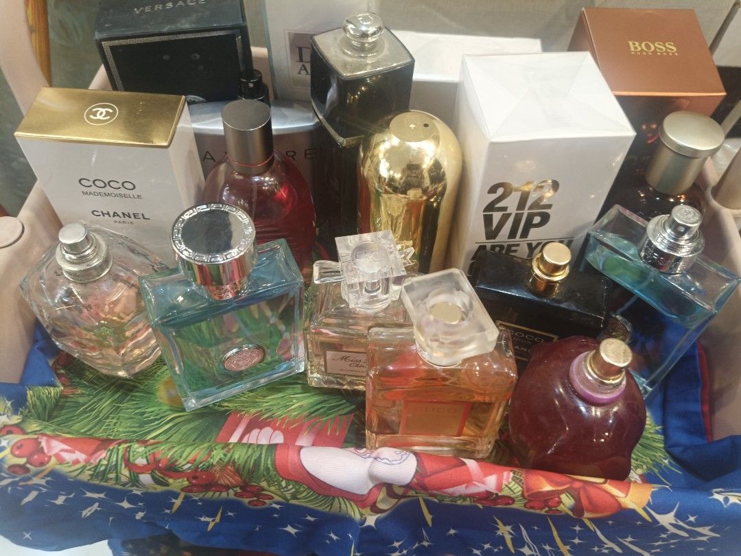 Assorted Designer Perfume Bottles Chanel Versace Hugo Boss (Category: Fragrance & Deodorants) located in Mexico. Submitted by jeanmarjorie (Listing ID 1469171571, Image 1). Description: - Authentic designer perfume collection - Brands available: Chanel Coco Mademoiselle, Versace, 212 VIP, Hugo Boss - Variety of bottle sizes and types (mix of spray and splash) - Some bottles come with original boxes - Available for individual purchase or as a set 
