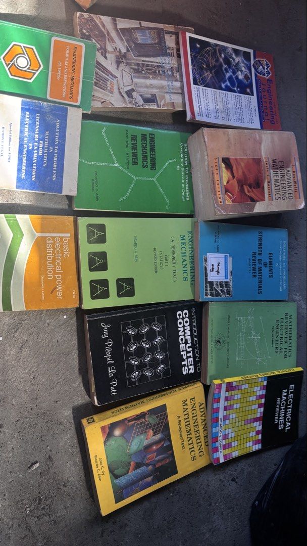 Assorted Engineering Mathematics Science Business Textbooks Reviewers (Category: Textbooks) located in Caloocan City. Submitted by boldcrystal.64c51d (Listing ID 1469228952, Image 2). Description: - Large bundle of college textbooks covering engineering, math, science, and business - Includes calculus, physics, algebra, economics, statistics, and professional codes - Condition: Cover wear, folded corners, and some taped spines across various volu