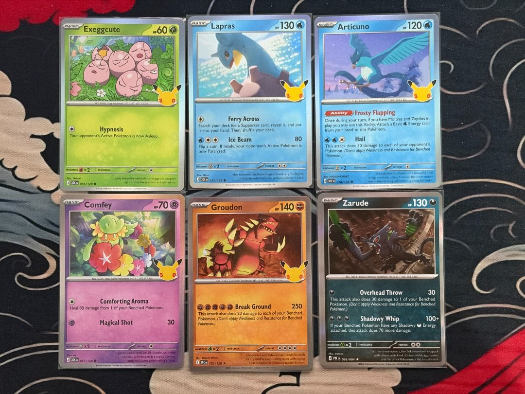 Assorted Holos (Category: Raw Singles) located in Makati City. Submitted by route199 (Listing ID 1469308458, Image 1). Description: ₱15 each Take all - ₱130 Minimum ₱50 total order Exeggcute - 30th Celebration Lapras - 30th Celebration Articuno - 30th Celebration Comfey - 30th Celebration Zarude - Pitch Black Groudon - 30th Celebration Archaludon - Stellar Crown Ferrothorn - 30th Celebration Magearna (JP) - Battle Partners Iono's Kilowattrel (JP)
