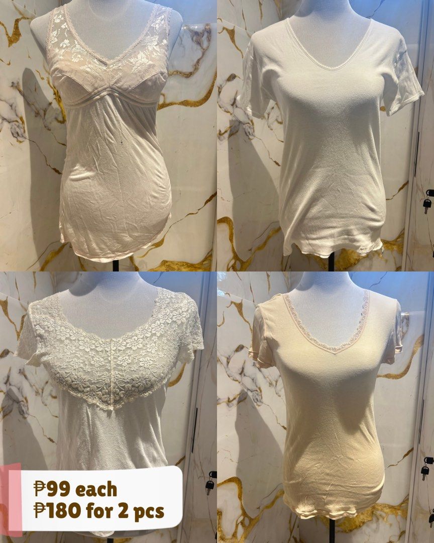 Assorted Lace and Plain Ladies Tops Shirts (Category: Blouses) located in Cavite. Submitted by ukeyks (Listing ID 1469162913, Image 1). Description: - versatile ladies tops: lace camisole, plain white v-neck t-shirt, white floral lace front short sleeve top, and cream top with lace trim neckline - Made with soft and stretchy fabric for all-day comfort - Great basic additions to your everyday wardrobe - Price: 99 pesos each - Special Promo: Take a
