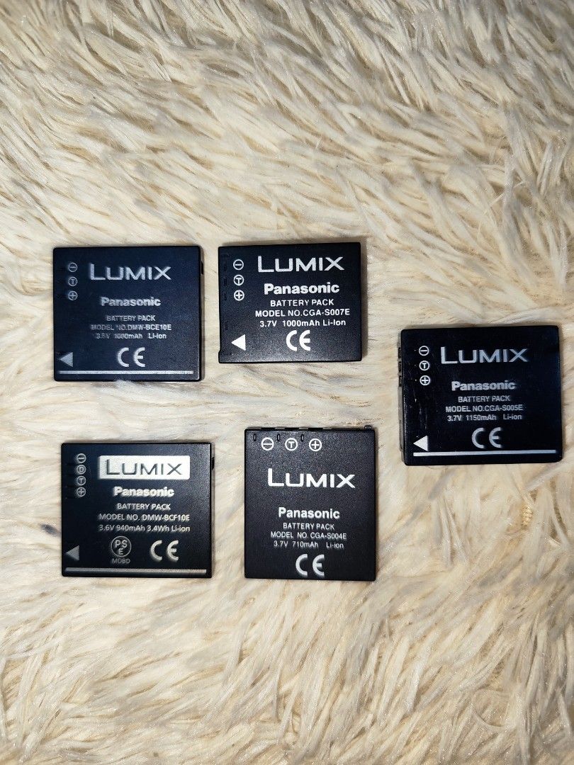 Assorted Panasonic Lumix Camera Battery Packs (Category: Batteries & Chargers) located in Marikina City. Submitted by seetheandburn (Listing ID 1469385216, Image 1). Description: LUMIX 2 BCE10E P350 1 BCF10PP P350 1 BCF10E P350 3 CGA-S004E P250 1 CGA-S005E P250 3 CGA-S007E P350.