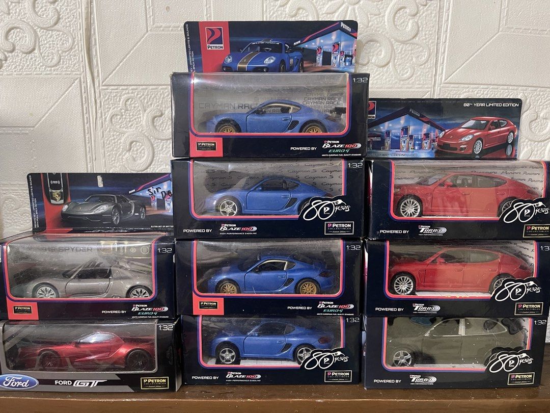 Assorted Petron and Shell V-Power Diecast Scale Model Cars (Category: Vehicle & Diecast Models) located in Quezon City. Submitted by paulg0113 (Listing ID 1469305190, Image 1). Description: - Brands: Porsche, Ferrari, Lamborghini, Pagani, Ford - Special Editions: Petron Blaze 100, Shell V-Power, and 80th Year Limited Edition packaging - Scales: Mostly 1:32 and 1:38 - Colors Available: Blue, red, black, silver, white, and yellow - Condition: Store