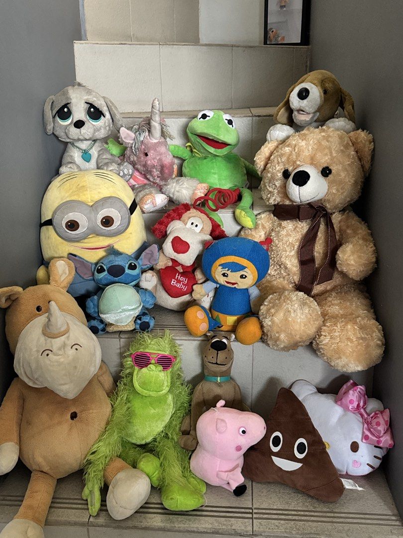 Assorted Plush Toys ( TAKE ALL) (Category: Plushies & Soft Toys) located in Pasig City. Submitted by ponyo_ph (Listing ID 1469243990, Image 2). Description: - Bundle of various plush toys sold together as a set - Includes a big brown teddy bear with a brown ribbon, Minion, Kermit the Frog, Stitch, unicorn, puppy, and more - Great for kids, bedroom decor, or toy collectors 15pcs. For 1k take all .