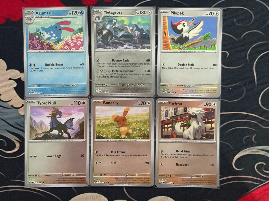 Assorted Reverse Holos (Category: Raw Singles) located in Makati City. Submitted by route199 (Listing ID 1469304285, Image 2). Description: ₱25 each ₱50 minimum order ₱250 take all Sinistcha - Pitch Black Weedle - Chaos Rising Grubbin - Stellar Crown Braixen - Chaos Rising Charcadet - Paradox Rift Armarouge - Pitch Black Azumarill - Stellar Crown Metagross - Chaos Rising Pikipek - Pitch Black Furfrou - Perfect Order Type: Null - Pitch Black Bunea