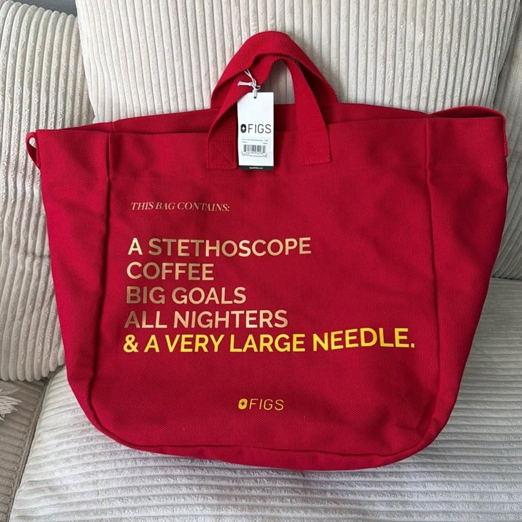 Authentic and New FIGS Tote Bag (Category: Tote Bags) located in San Juan. Submitted by docpratty (Listing ID 1469205413, Image 1). Description: FIGS A Very Large Needle Tote Bag NEW with tags! Originally priced at 42 dollars, selling for 1,195 pesos only! 16” H × 15½” W × 9” D Adjustable width Large inner pocket Fixed strap Brass D-ring for accessories.