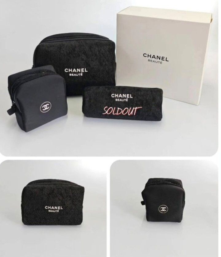 Authentic Chanel Cosmetic Pouch Set VIP GWP (Gift with Purchase) (Category: Luxury Bags & Wallets) located in Quezon City. Submitted by hollowwillow (Listing ID 1433548282, Image 1). Description: - Authentic Chanel Beautè cosmetic pouch set - Includes 2 pouches of varying sizes - Black color with Chanel logo - Perfect for makeup and skincare organization - Comes with a box 📌sorry somebody bought the other pouch separately..