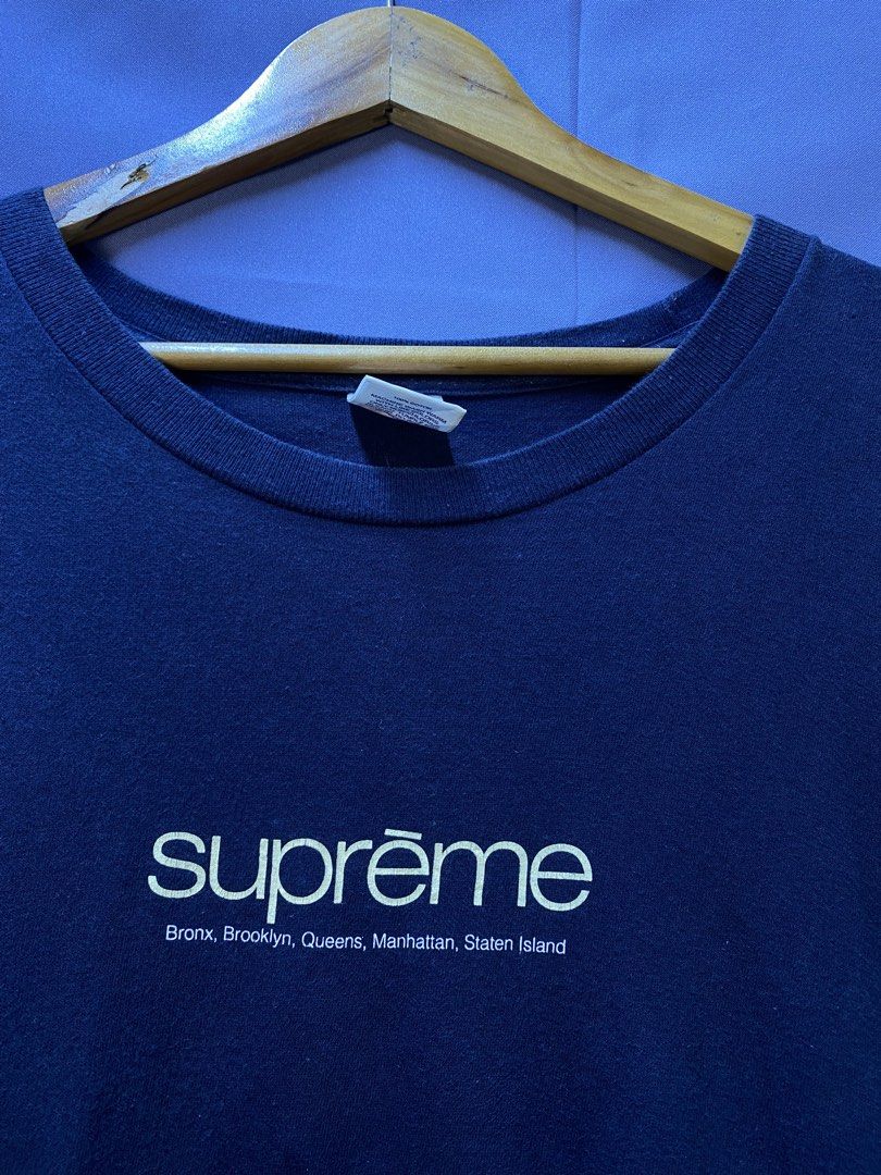 Authentic Supreme “Five Boroughs” Tee (Category: Tshirts & Polo Shirts ) located in Makati City. Submitted by drip.poww (Listing ID 1469340012, Image 3). Description: - Authentic Supreme - Color: Navy Blue - Size: XL - Dimes: 24x30 - Authentic - Excellent condition - Need wash, fresh from bale - Material: 100% Cotton Please don’t expect too much—these are thrifted (ukay) items. 😊 !!STILL NEGOTIABLE!!.