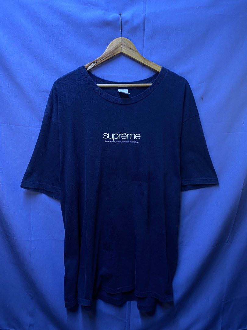 Authentic Supreme “Five Boroughs” Tee (Category: Tshirts & Polo Shirts ) located in Makati City. Submitted by drip.poww (Listing ID 1469340012, Image 1). Description: - Authentic Supreme - Color: Navy Blue - Size: XL - Dimes: 24x30 - Authentic - Excellent condition - Need wash, fresh from bale - Material: 100% Cotton Please don’t expect too much—these are thrifted (ukay) items. 😊 !!STILL NEGOTIABLE!!.
