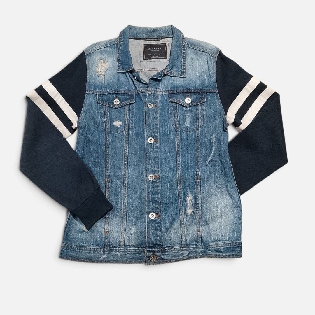 Authentic ZARA MAN Hybrid Denim Jacket 🧥✨ (Category: Coats, Jackets and Outerwear) located in Manila. Submitted by jonahq.9 (Listing ID 1469307118, Image 1). Description: Authentic ZARA MAN Hybrid Denim Jacket 🧥✨ Unique varsity-style denim jacket — classic distressed denim body paired with comfortable navy striped sleeves. Versatile, stylish, and hard to find! ✓ 100% Authentic ZARA MAN ✓ Size: XL — fits true to size ✓ Excellent Pre-loved Condit