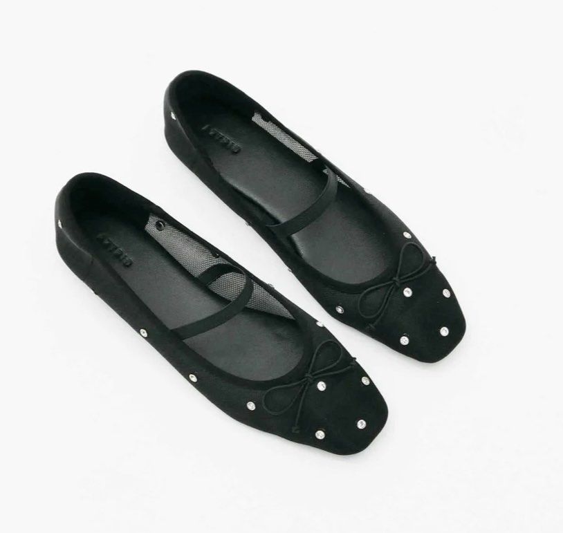 Aztrid Dani Black Mesh Rhinestone Flats (Category: Flats & Sandals) located in Manila. Submitted by simplysorted27 (Listing ID 1469341825, Image 1). Description: - Brand: Aztrid Dani - Style: Black mesh flats with Mary Jane strap and toe bow - Details: Scattered rhinestone embellishments across the upper - Size: 7 (brand's sizing chart) - Material: Premium mesh fabric - Condition: Brand new.