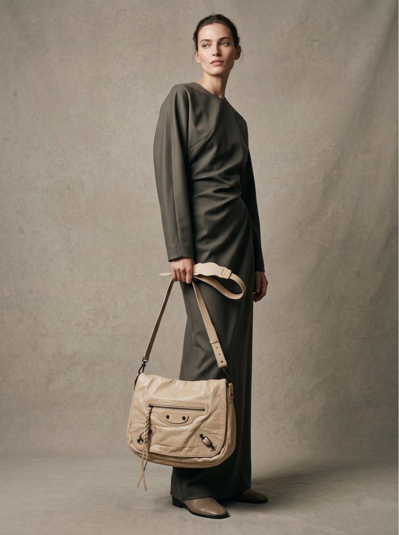 Balenciaga messenger bag (Category: Luxury Bags & Wallets) located in Muntinlupa City. Submitted by alabangbargains (Listing ID 1276219984, Image 1). Description: watch item video here: https://youtube.com/shorts/n6cZ-hdoNRI?si=VXFg7zEdGlF1wDzK material: genuine leather color: ivory hardware: vintage gold strap: removable adjustable Authentic Made in Italy with serial code please see photos for more details.