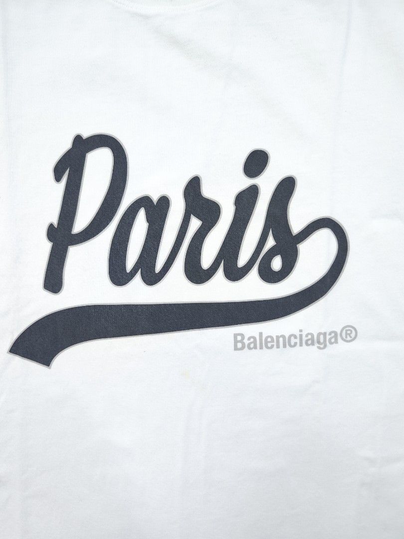 Balenciaga Paris Crew Neck Baseball Tee (Category: Luxury Apparel) located in Bulacan. Submitted by emilj23 (Listing ID 1469195778, Image 2). Description: Balenciaga Paris Crew Neck Baseball Tee Size S on tag L 29 W 22 Condition 9/10 Color rate 9/10 Issue Minimal Stain.