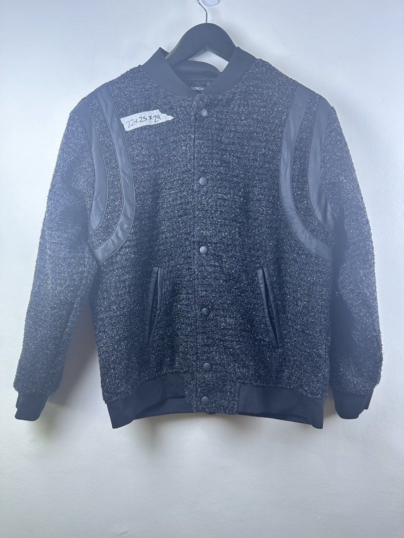Balenciaga Textured Bomber Jacket Black Size M (Category: Coats, Jackets and Outerwear) located in Manila. Submitted by declutterpromax (Listing ID 1469215647, Image 1). Description: - Brand: Balenciaga - Style: Bomber jacket - Color: Black with solid dark trim - Size: Medium - Measurements: Approx. 22" x 25" x 24" - Details: Textured fabric, snap button closure, ribbed collar, cuffs, and hem - Condition: Clean, excellent, ready to wear - Perfect