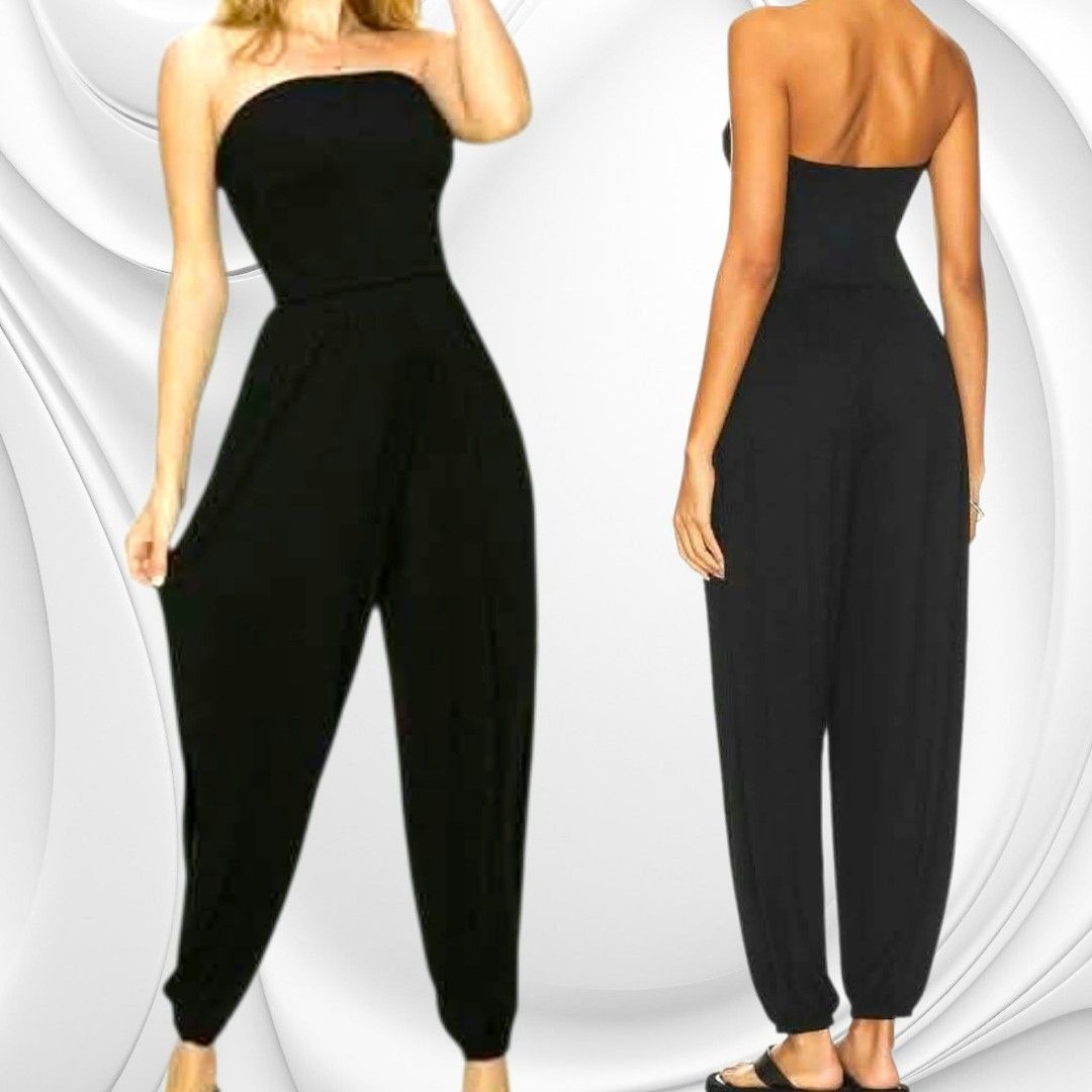 Bebe Black Strapless Tube Jumpsuit with Pockets (Category: Jumpsuits) located in Paranaque City. Submitted by calm_youngstore7 (Listing ID 1469319396, Image 1). Description: - Color: Solid black - Style: Strapless tube top jumpsuit with gathered bodice detail - Fit: Relaxed harem-style pants with fitted ankles and easy pull-on design - Practicality: Features handy side pockets - Material: Lightweight and stretchy for all-day comfort.