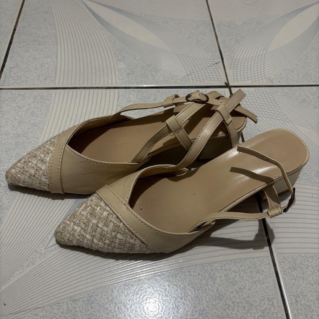 Beige Tweed Pointed Toe Slingback Heels (Category: Heels) located in Magalang. Submitted by mvenetri (Listing ID 1469323555, Image 1). Description: Beige Tweed Pointed Toe Slingback Heels - For size 37 girlies - W adjustable buckle strap at the ankle - Used once for an event.