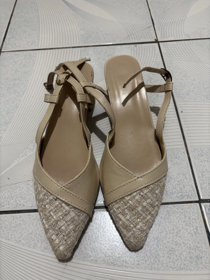 Beige Tweed Pointed Toe Slingback Heels (Category: Heels) located in Magalang. Submitted by mvenetri (Listing ID 1469323555, Image 2). Description: Beige Tweed Pointed Toe Slingback Heels - For size 37 girlies - W adjustable buckle strap at the ankle - Used once for an event.
