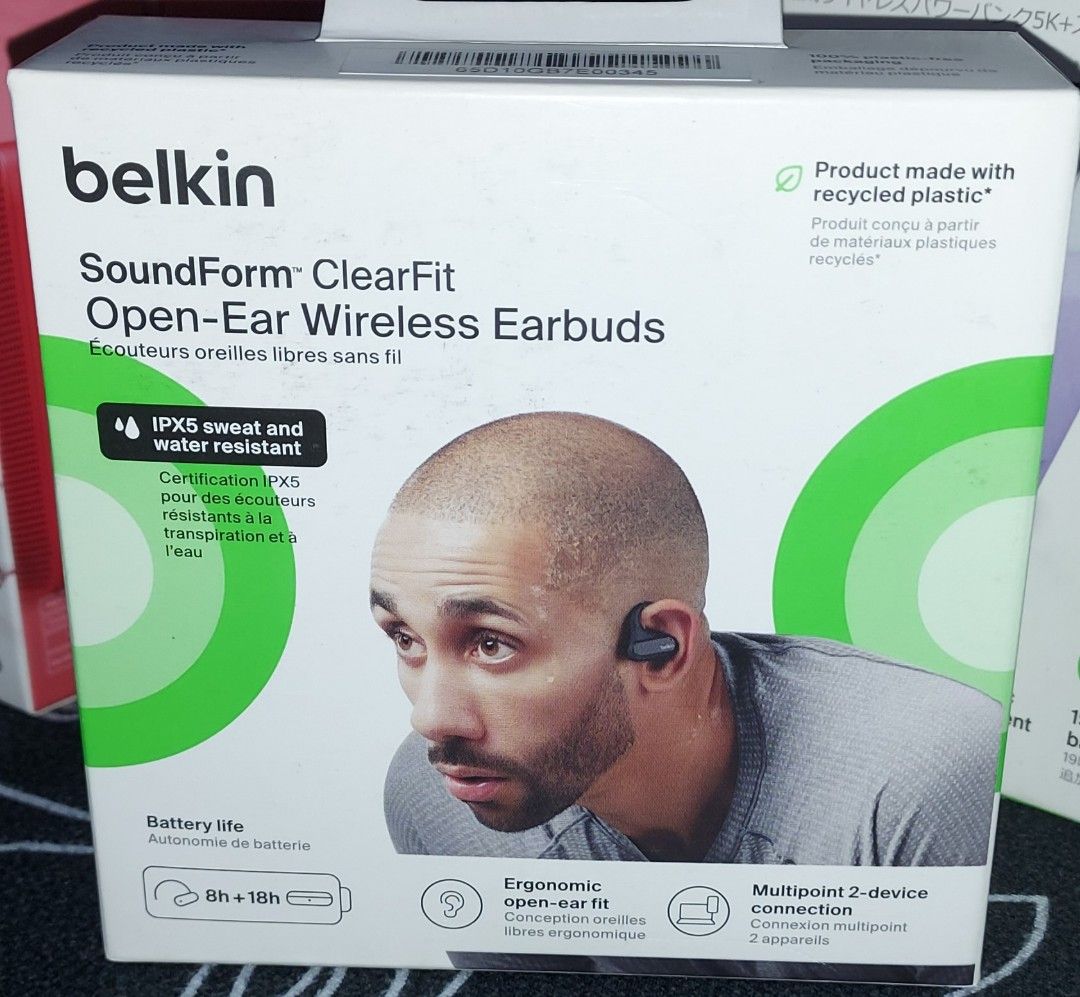 Belkin SoundForm ClearFit Open-Ear Wireless Earbuds (Category: Earphones) located in Manila. Submitted by pinkymary05 (Listing ID 1469309400, Image 1). Description: - Brand new in unopened retail packaging - Open-ear design with comfortable ergonomic fit - IPX5 sweat and water resistant - Multipoint 2-device connection capability - 8 hours continuous playtime plus 18 extra hours from the charging case (26 hours total) - Eco-friendly build using r