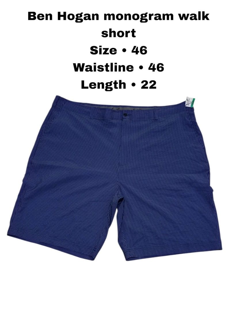 Ben Hogan Monogram Walk Short Size 46 Blue (Category: Shorts) located in Magdalena. Submitted by magdalenathrift20 (Listing ID 1469168605, Image 1). Description: - Brand: Ben Hogan - Style: Monogram walk shorts - Color: Blue - Size: 46 waistline - Length: 22 inches - Material: 74% polyester, 20% recycled polyester, 6% elastane - Features: Button closure, belt loops, clean all-over pattern - Origin: Made in Jordan.