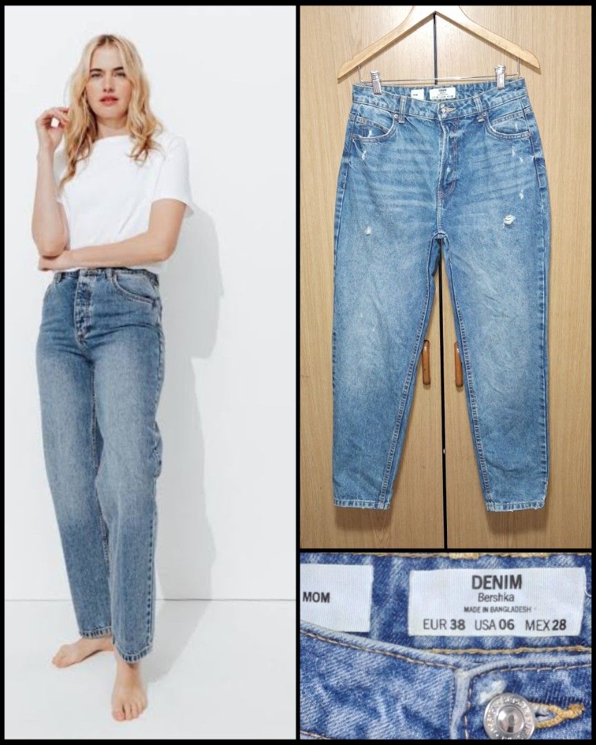 Bershka Mom Fit Jeans (Category: Jeans) located in Cebu City. Submitted by cebuanamomshies (Listing ID 1469321425, Image 1). Description: Waist 30-31 Rise 12 Inseam 27 High-rise Blue Denim Tapered Relaxed Fit zip and button closure.