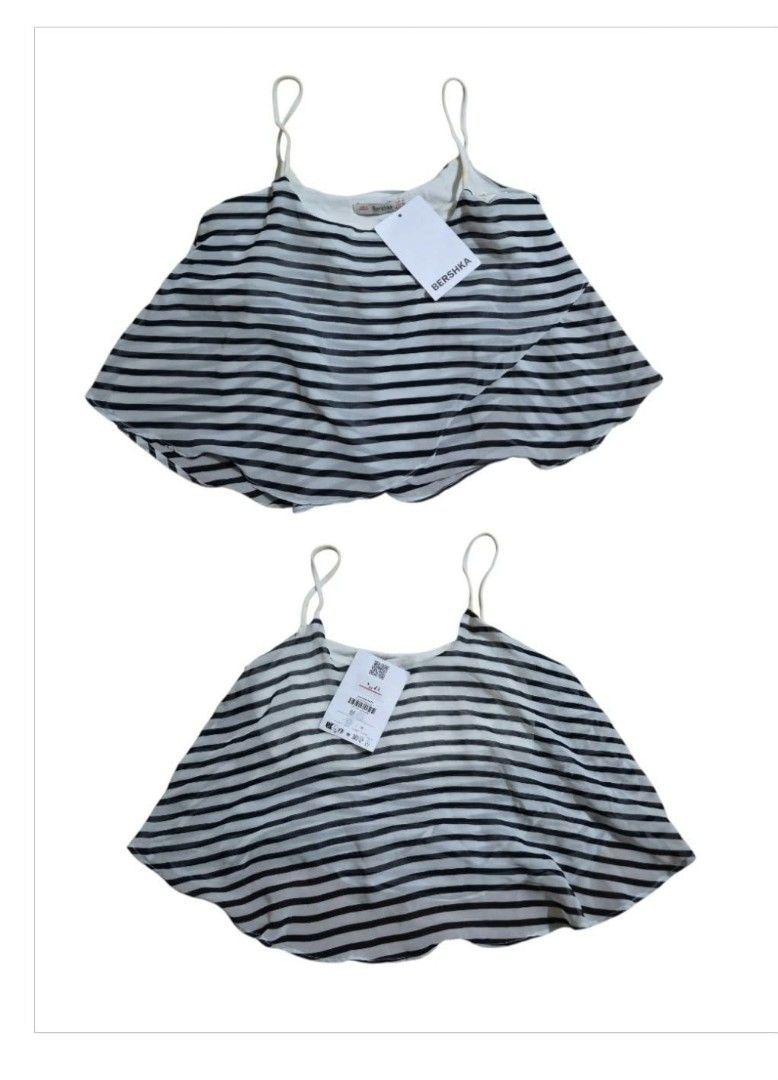 Bershka Striped Crop Top (Category: Shirts) located in Paranaque City. Submitted by calm_youngstore7 (Listing ID 1469284689, Image 3). Description: LAST PIECE SALE! - Brand: Bershka - Size: Medium - Condition: Brand new with tags (BNWT), never worn - Design: Black and white horizontal stripes, spaghetti straps - Material: Lightweight, flowy layered sheer fabric - Perfect for: Warm weather or stylish layering.