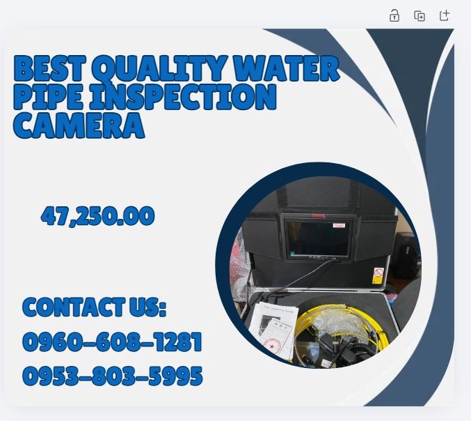 best quality water pipe inspection camera (Category: Everything Else Others) located in Caloocan City. Submitted by 09051674995 (Listing ID 1469169121, Image 1). Description: 1.7 inches display ,OSD menu 2.hd stainless steel camera with night vision 6 high light LED ,brightness adjustable. 3.special fiberglass materials, hard texture cold- resistant 、anti -corrosion 、waterproof、 anti-pull detection cable, print distance counter on the cable. 4.wa