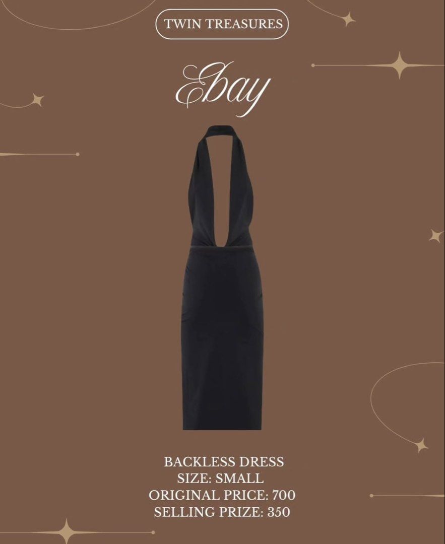 Black Backless Dress Size Small (Category: Dresses) located in Pasig City. Submitted by nadineelja10271 (Listing ID 1469357184, Image 1). Description: - Style: Sleek, minimal, backless midi dress - Size: Small - Details: Halter neck with a deep plunge front - Length: Knee length - Condition: Brand new look - Price: ₱350 only (Original price: ₱700).