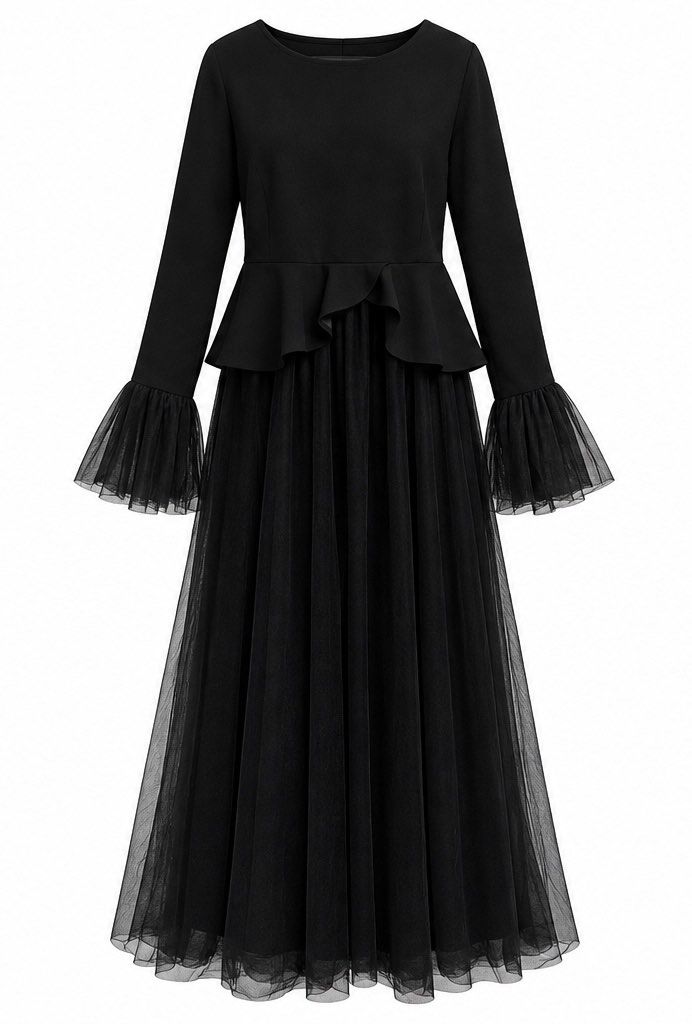 Black longsleeve long dress (Category: Dresses) located in Mandaluyong City. Submitted by michgrayb.Enterprise (Listing ID 1469340639, Image 1). Description: - Color: Classic Black perfect for halloween - Style: Midi dress with long sleeves and round neckline - Details: Peplum waist accent and flared cuffs with sheer mesh detailing - Skirt: Pleated tulle skirt underneath for added volume - Occasion: Perfect for formal events, parties, or evening 